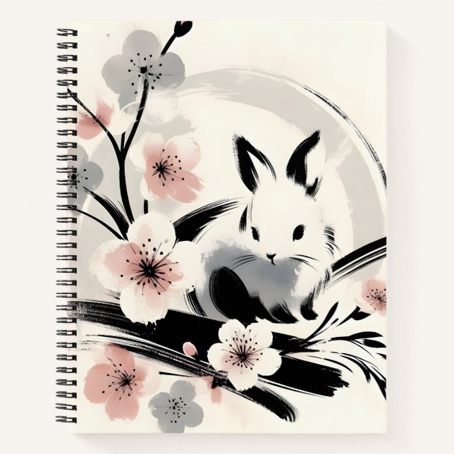 Cuaderno Minimalist Zen Ink Bunny Cherry Blossoms (Anverso)