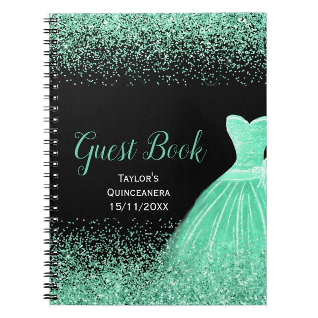 Cuaderno Mint Green Dress Faux Glitter Quinceanera Guest (Frente)