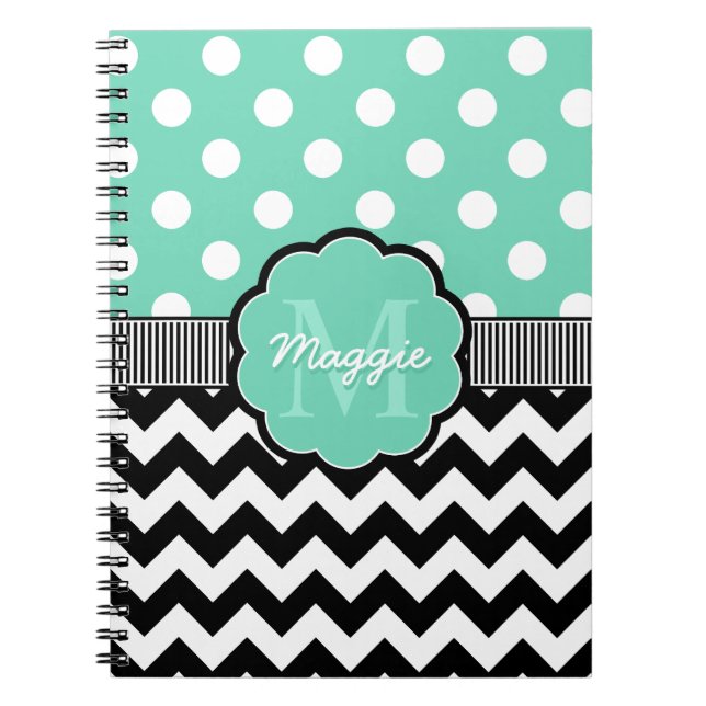 Cuaderno Mint Polka Dots Black Chevron Monograma (Frente)