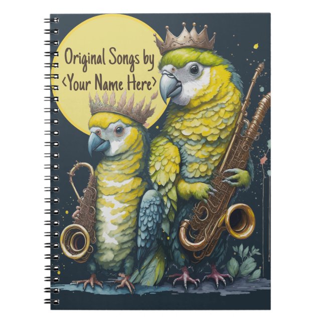 Cuaderno Mis canciones originales, loros divertidos jugando (Frente)