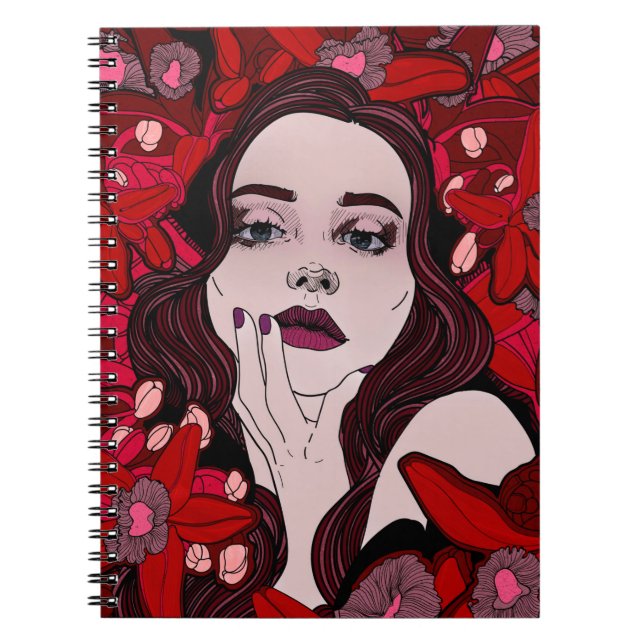 Cuaderno Misterioso chica rodeado de sabstrato de flores ro (Frente)