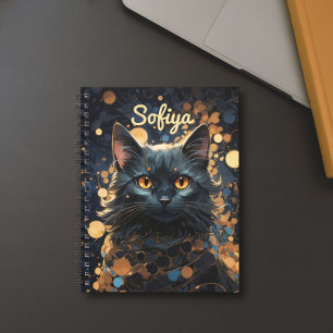 Cuaderno Misterioso majestuoso gato negro purpurina de oro 