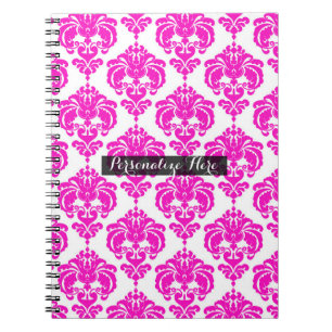 Cuaderno Moda adamascada blanco y rosado  Patrón elegante m