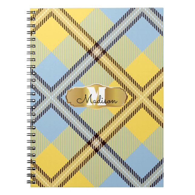 Cuaderno Moda Amarillo Azul Tartán Oro Monograma Nombre de  (Frente)