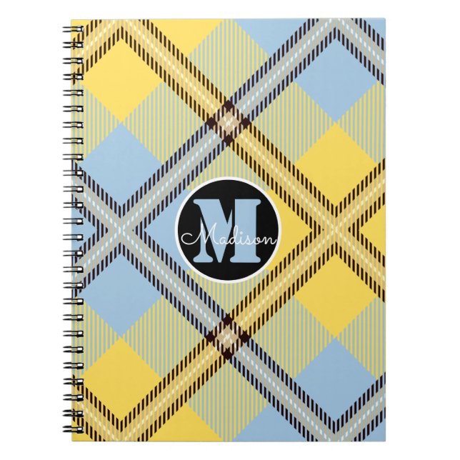 Cuaderno Moda Amarillo Placa Azul Tartán Monograma Nombre d (Frente)