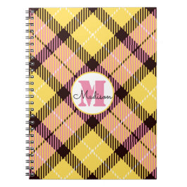 Cuaderno Moda Amarillo Rosa Placa Tartán Monograma Nombre d