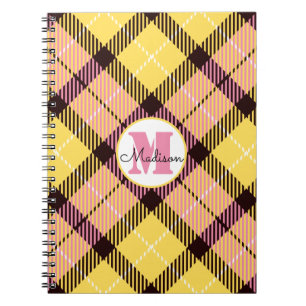 Cuaderno Moda Amarillo Rosa Placa Tartán Monograma Nombre d