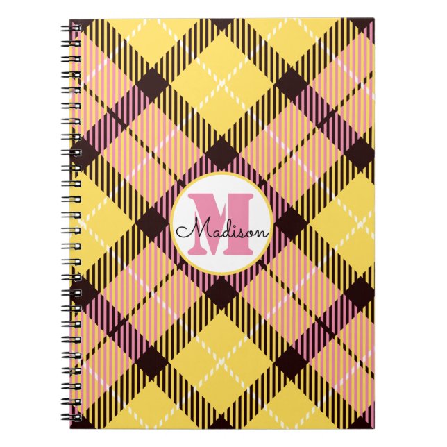 Cuaderno Moda Amarillo Rosa Placa Tartán Monograma Nombre d (Frente)