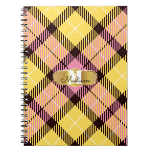 Cuaderno Moda Amarillo rosa Tartán dorado Monograma Nombre