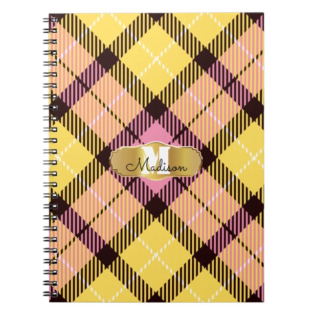Cuaderno Moda Amarillo rosa Tartán dorado Monograma Nombre  (Frente)