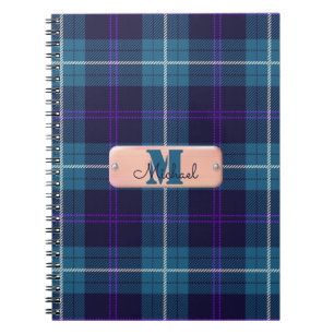 Cuaderno Moda Azul Placa Tartán Coral Guión Monograma Rosa