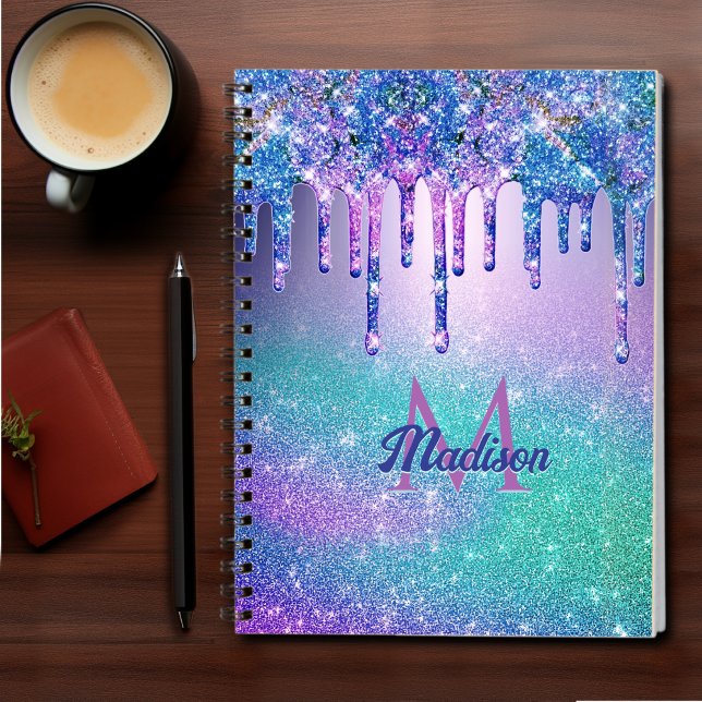 Cuaderno Moda azul púrpura purpurina laca monograma (Subido por el creador)