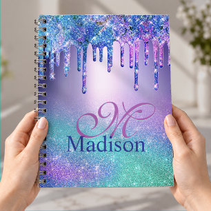 Cuaderno Moda azul púrpura purpurina laca monograma