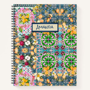 Cuaderno Moda azul rosa cítrico siciliano baldosas florales