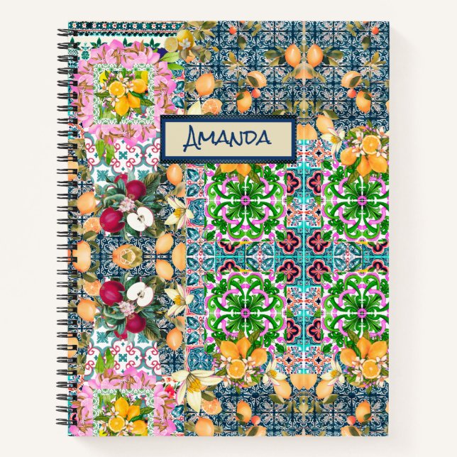 Cuaderno Moda azul rosa cítrico siciliano baldosas florales (Anverso)