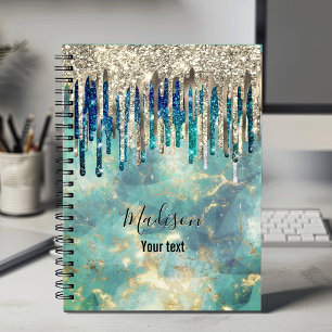 Cuaderno Moda azul turquesa purpurina oro goteo monograma