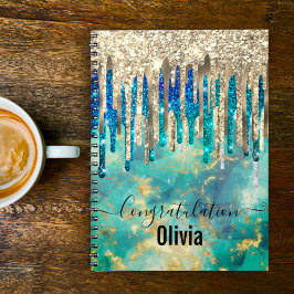 Cuaderno Moda azul turquesa purpurina oro goteo monograma