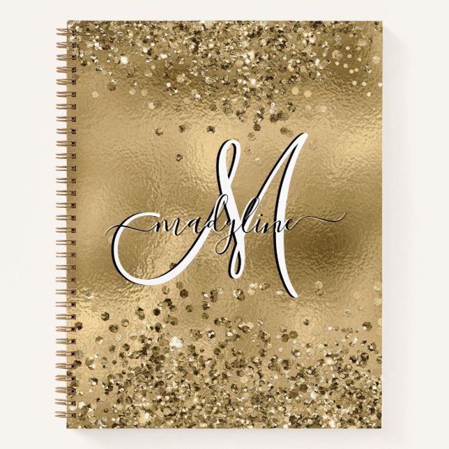 Cuaderno Moda Black Gold Purpurinas Monograma Nombre (Anverso)