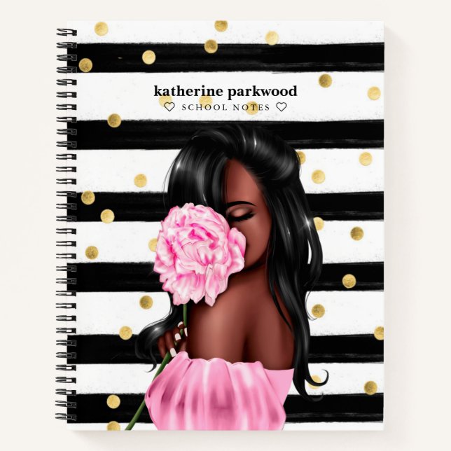 Cuaderno Moda Black Gold Stripes Brunette Chica Floral rosa (Anverso)