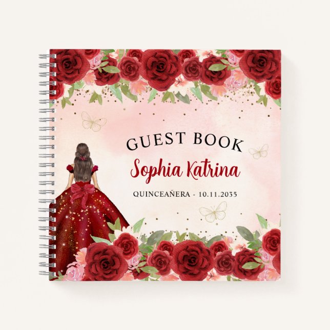 Cuaderno Moda Borgoña Red Gold Floral Princesa Quinceañera (Anverso)