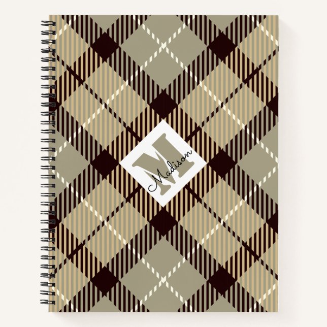 Cuaderno Moda Burlywood Gray Plaid Tartán Nombre personaliz (Anverso)
