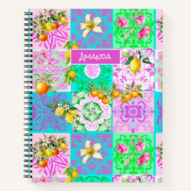 Cuaderno Moda color rosa cítrico siciliano tejas florales (Anverso)