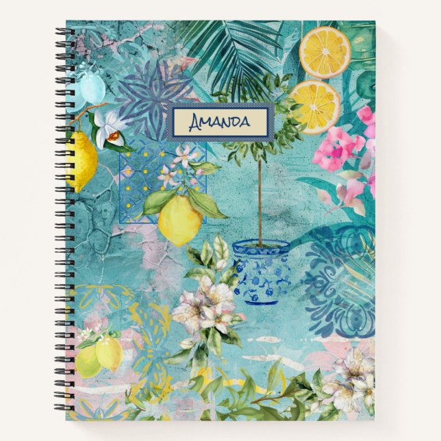 Cuaderno Moda color turquesa azul cítrico siciliano floral (Anverso)