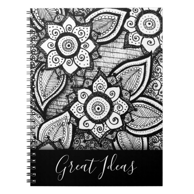 Cuaderno Moda del Boho blanco y negro Mandala Patrones flor (Frente)