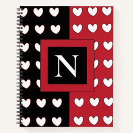 Cuaderno Moda elegante Monograma de corazones blancos rojos
