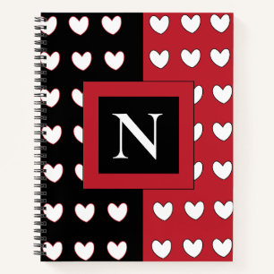 Cuaderno Moda elegante Monograma de corazones blancos rojos