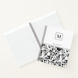 Cuaderno Moda Elegante Monograma Patrón de Flor Blanco Negr