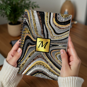 Cuaderno Moda Esparkle Purpurina mármol arte monograma oro