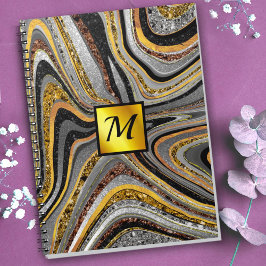 Cuaderno Moda Esparkle Purpurina mármol arte monograma oro 