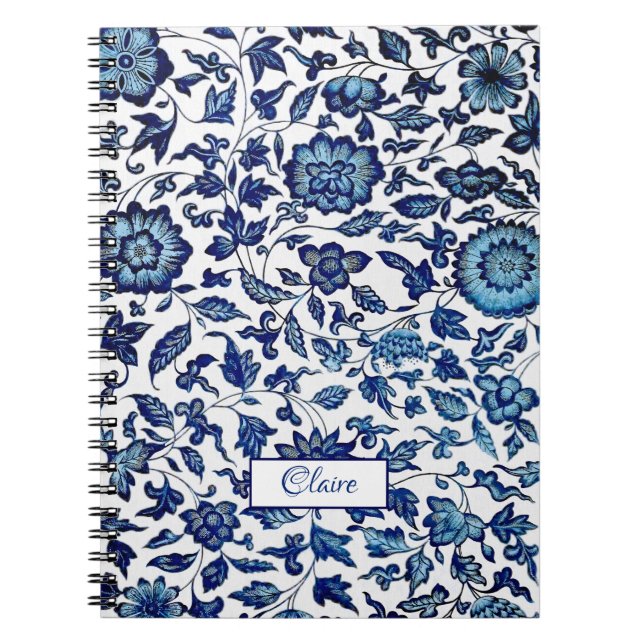 Cuaderno Moda exótica personalizada Floral azul y blanca (Frente)