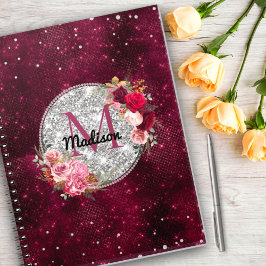 Cuaderno Moda falsa Purpurina plateado Burgundy Floral mono