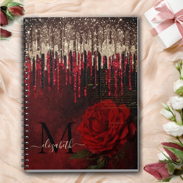 Cuaderno Moda flor roja goteo de oro purpurina monograma (Subido por el creador)