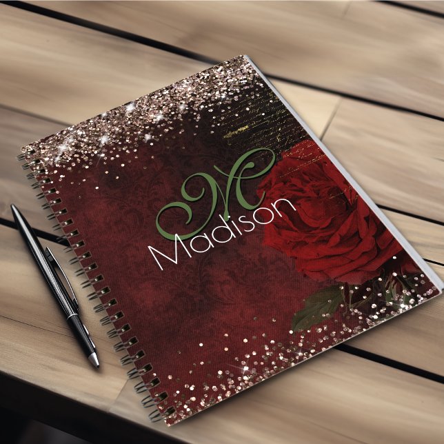 Cuaderno Moda flor roja imitación purpurina oro monograma (Subido por el creador)