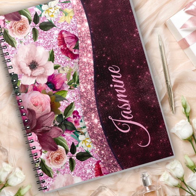 Cuaderno Moda floral Borgoña rosa purpurina monograma (Subido por el creador)