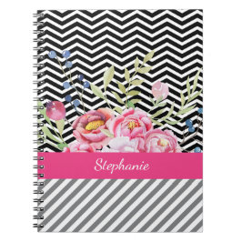 Cuaderno Moda Floral rosa Chevrons negro y blanco y nombre