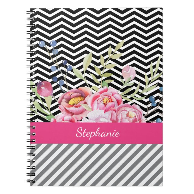 Cuaderno Moda Floral rosa Chevrons negro y blanco y nombre (Frente)