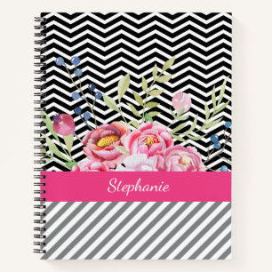 Cuaderno Moda Floral rosa Chevrons negro y blanco y nombre