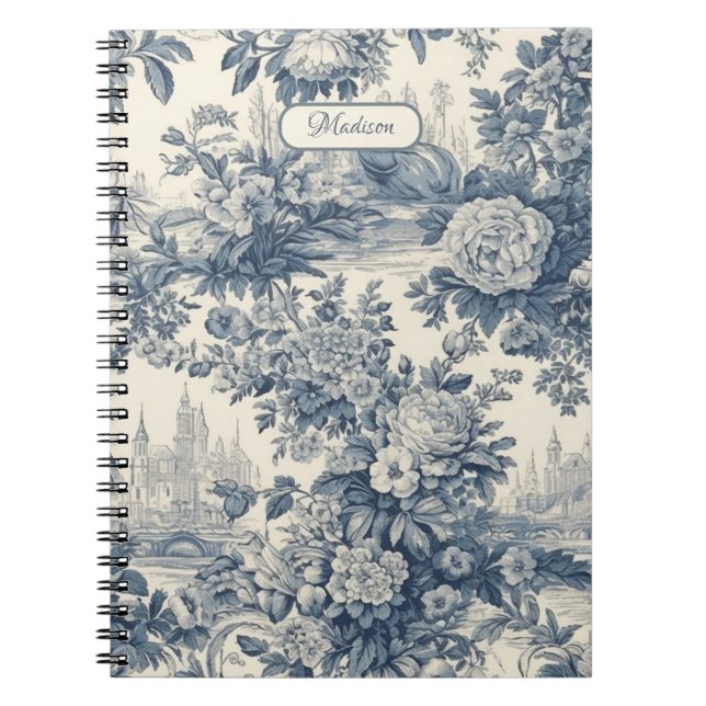 Cuaderno Moda floral vintage Blue toile de jouy monograma (Frente)