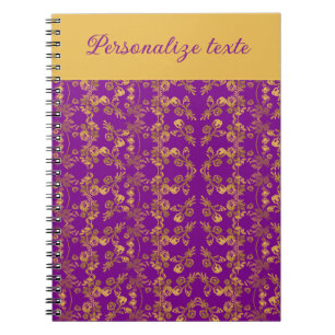 Cuaderno Moda Flores doradas patrón púrpura   personalizado