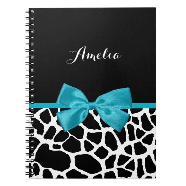 Cuaderno Moda Giraffe Imprimir Aqua Blue Ribbon con Nombre (Frente)