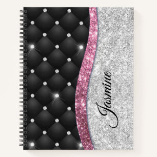 Cuaderno Moda giratoria purpurina plateado monograma rosa n