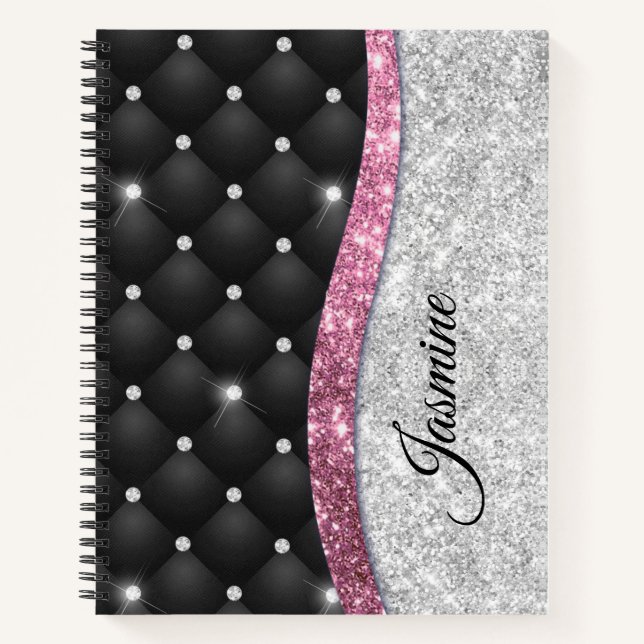 Cuaderno Moda giratoria purpurina plateado monograma rosa n (Anverso)