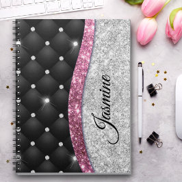 Cuaderno Moda giratoria purpurina plateado monograma rosa n