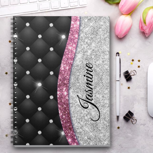 Cuaderno Moda giratoria purpurina plateado monograma rosa n (Subido por el creador)