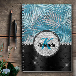 Cuaderno Moda giratoria turquesa aqua purpurina hojas monog