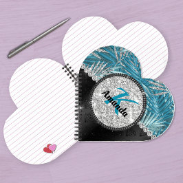 Cuaderno Moda giratoria turquesa aqua purpurina hojas monog